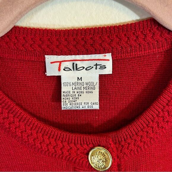 Talbots Red Merino Wool Gold Button Cardigan Sweater Medium Old Money Quiet Lux - Picture 3 of 15